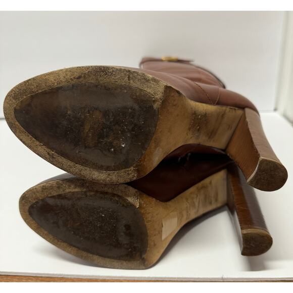 FENDI Women’s Cognac Brown Leather New High Heeled Boots Size 39 8.5 Gold Buckle - Picture 10 of 13